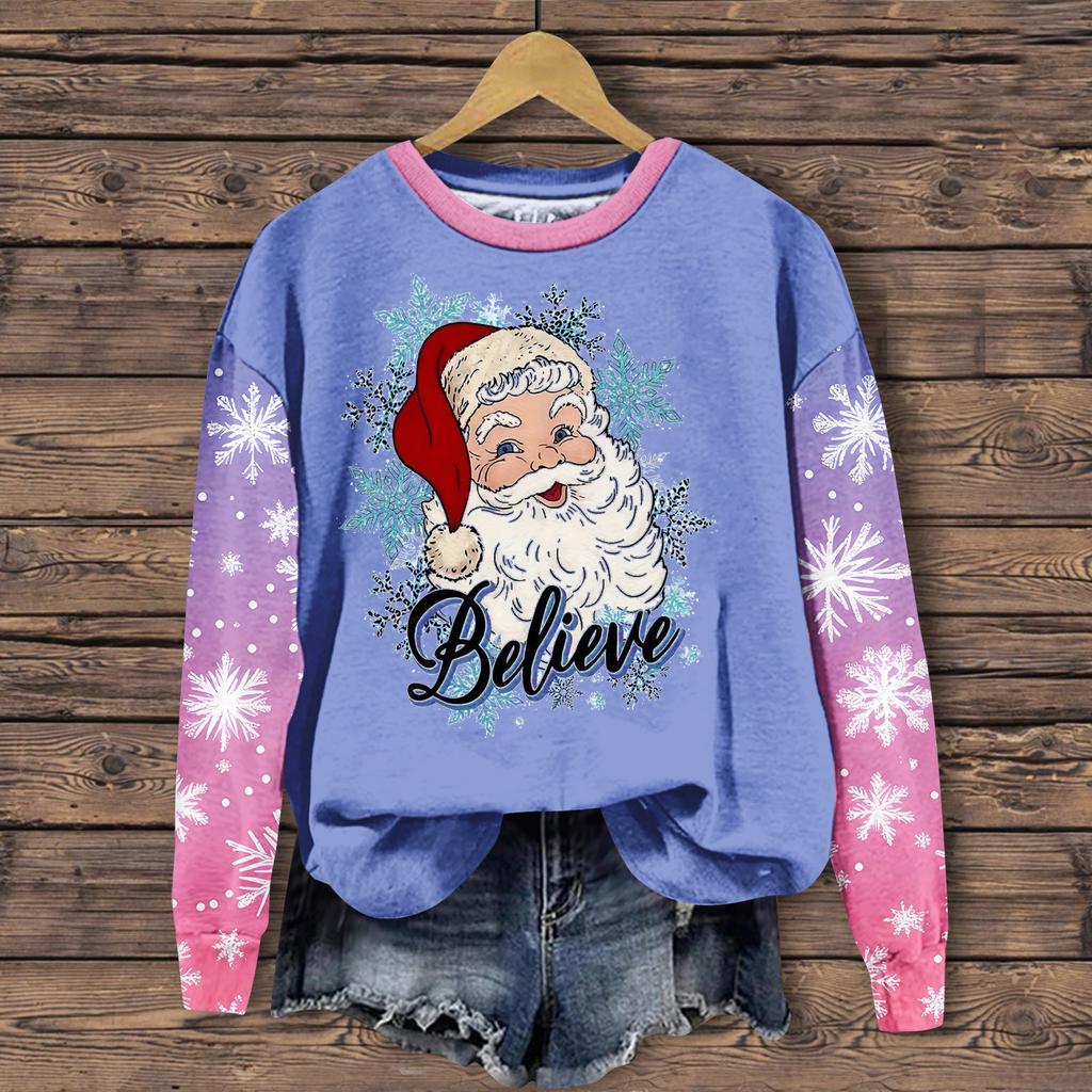 Женская мода повседневная толстовка с длинным рукавом и принтом Санта-Клауса с круглым вырезом