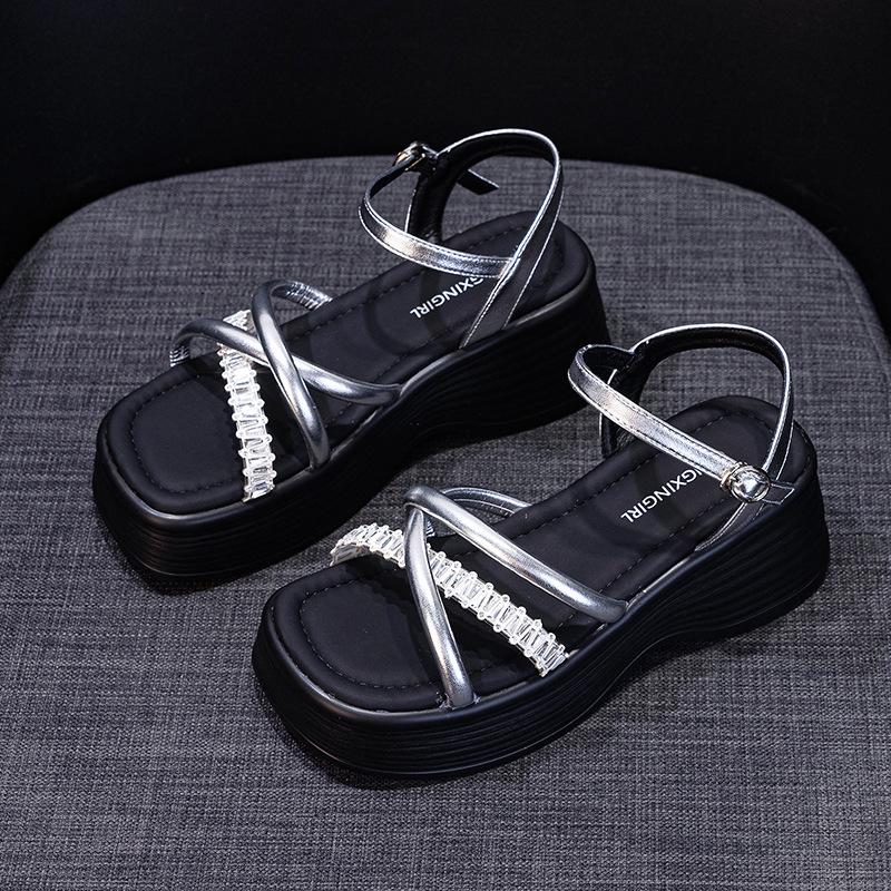 Small Platform Women's Sandals 2025 Summer New Fashionable Versatile One-button Fairy Rhinestone Open-toed Women's Sandals