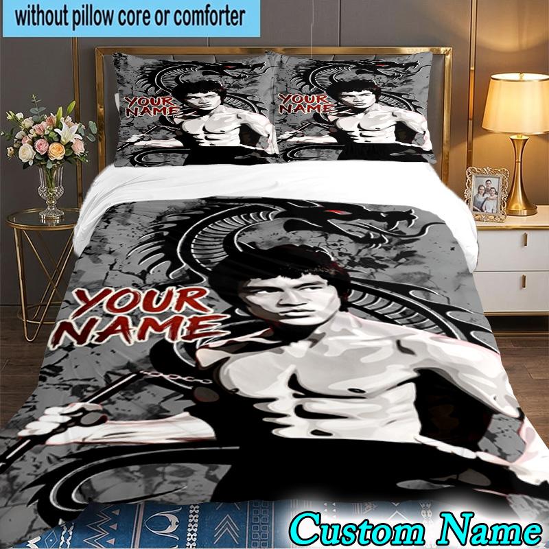 Custom Name 3PCS Dynamic Bruce-Lee Pose Bedding Set,Including  Duvet Cover And 2pcs Pillowcases Perfect for Bedroom,Dormitory,Fan Christmas gift