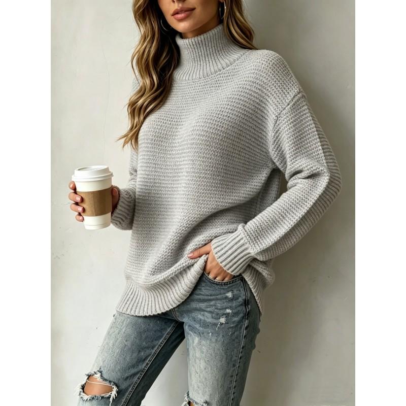 Womens Loose Knit Sweater Pullover Round Neck Solid Color Long Sleeve Casual Top Winter