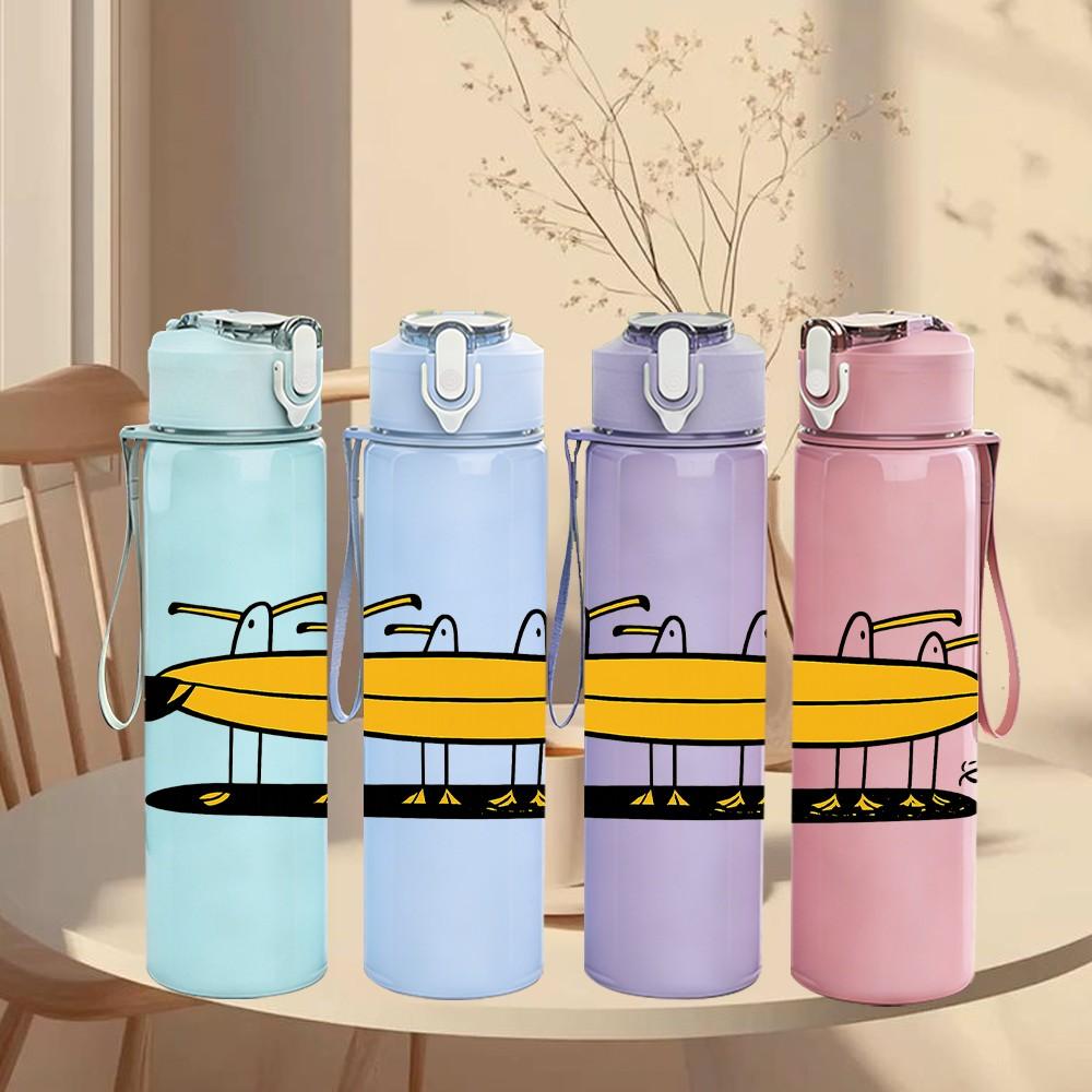 1PC Yellow Surfboard Silhouette Set 750ml Color Plastic Sports Water Bottle Leakproof Flip Straw Lid Suitable for Sports Office Home Use