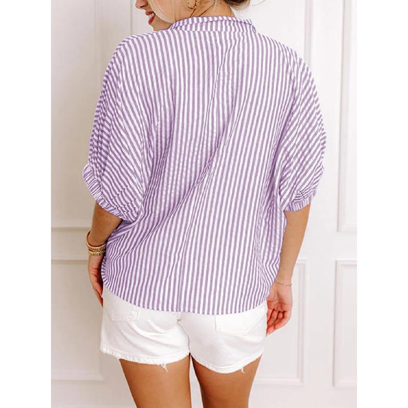 2026 Summer New Loose Casual Striped V-Neck Contrast Color Short Sleeve Women's Top