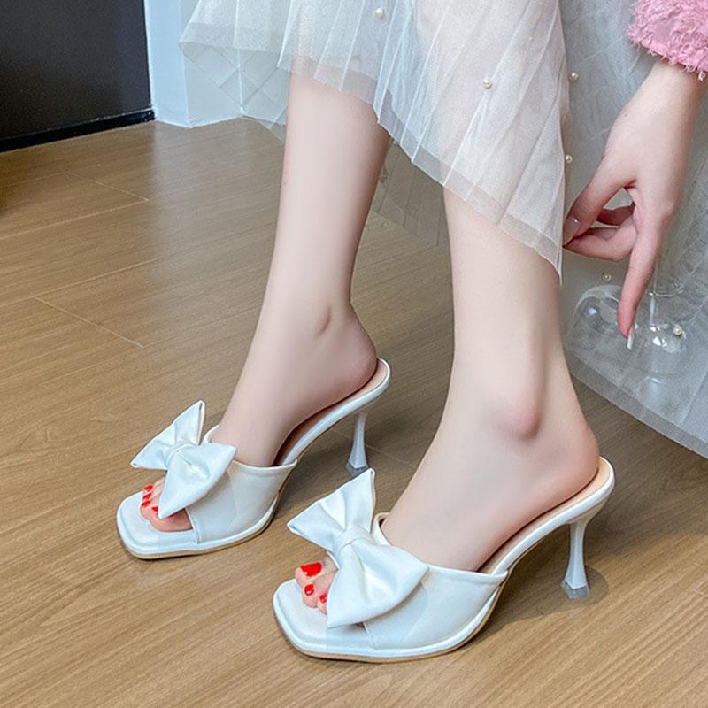 Новые летние женские туфли на высоком каблуке, розовые туфли с квадратным носком и бантом, модные туфли для женщин, сексуальные сандалии на тонком каблуке