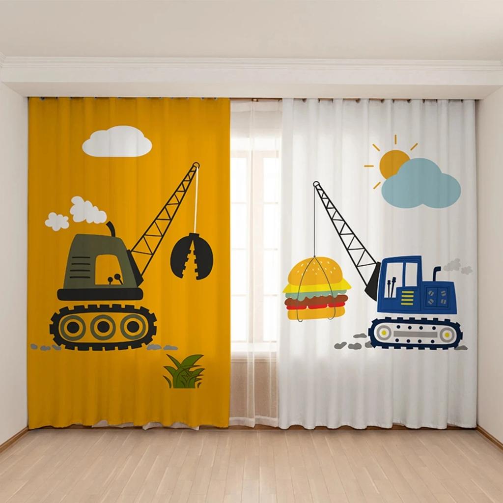 Новая симпатичная синяя желтая игрушечная машинка-экскаватор занавеска для детской комнаты, спальни для мальчиков, детской комнаты, окна детского сада, 2 панели, новый узор