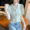 Летняя шикарная женская рубашка с дизайнерским смыслом, короткие топы с цветочным принтом и рюшами и пузырьковыми рукавами