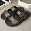Fashion 2025 New Men Casual Leather Slippers Summer Outdoor Flat Designer Beach Slippers Breathable Antiskid Soft Bottom Walking Shoes