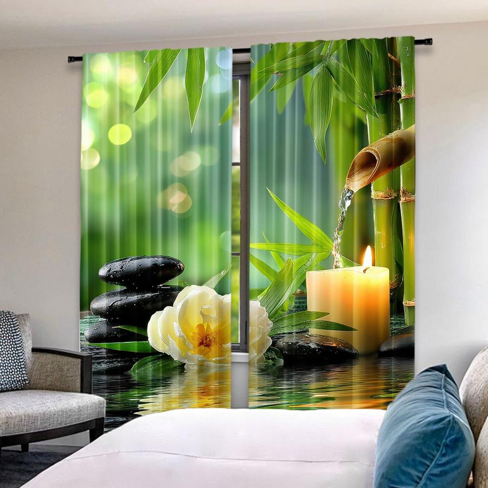 2D flat printing 2pcs Curtain Window Drapes Bamboo Serenity Scene Digital Printed Polyester Drapes Festive Wall Decor Perfect