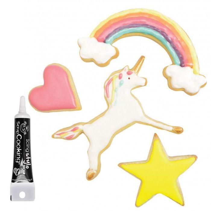 4 Découpoirs à biscuits Licorne + Stylo de glaçage noir