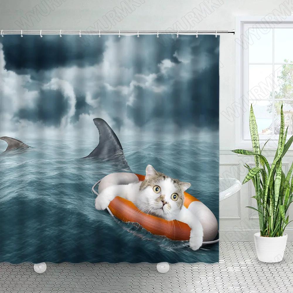 Креативные Занавески для душа с животными Купающийся медведь Морские волны Акулы Кошка Динозавры Забавный дизайн Ткань Декор для ванной Набор занавесок для ванной