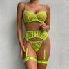 Women’s Sexy Sheer Mesh Embroidered Lingerie Set, Push-Up Bra with Thong, Chain Garter Belt, 4-Piece Erotic Intimate Wear