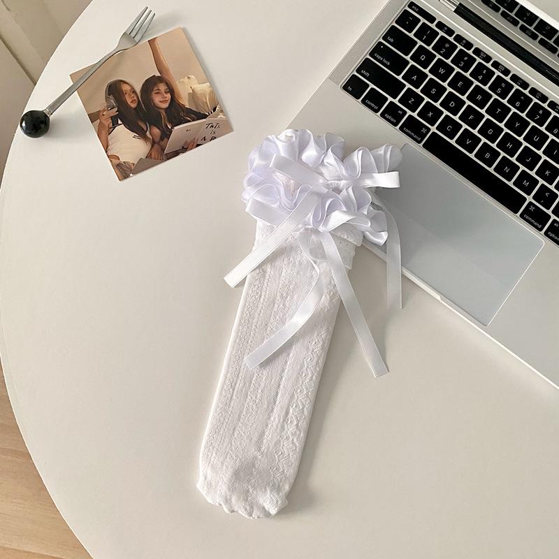 Кружевные Кружевные Чулки Детские Лолита Бант Лента Женские Носки Длинные Носки до Икры Летние Тонкие Носки для Наслаивания