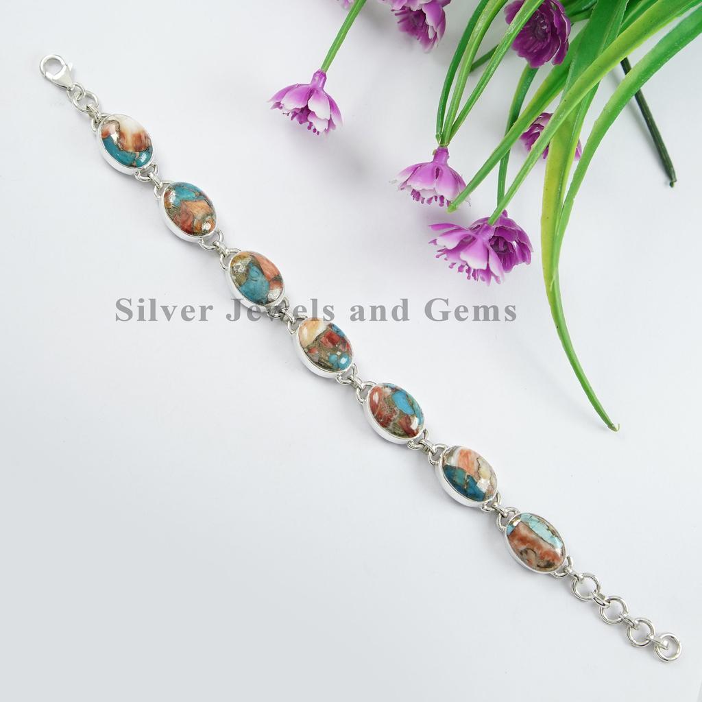 Oyster Copper Turquoise Bracelet, Oval Gemstone Bracelet, 925 Sterling Silver Bracelet, Anniversary Bracelet