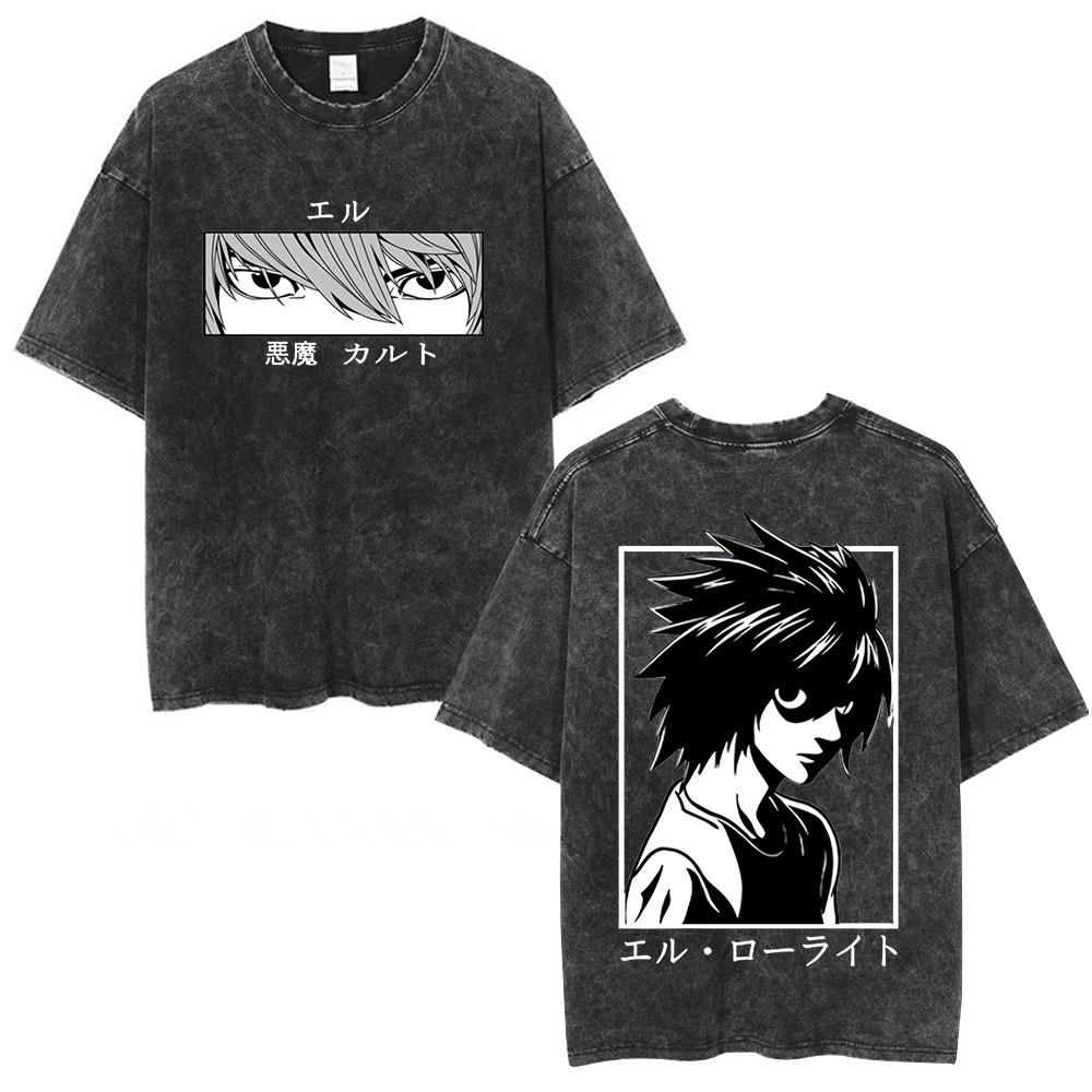 Винтажная стираная аниме манга Т-shirt с логотипом Death Note Мужская Женская Печатная футболка Летняя Повседневная Модная одежда Топы Высокое качество Streetwear