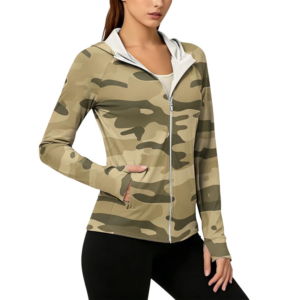 Women's Lightweight Zip Up Hoodie with Hood and Pockets Long Sleeve Camouflage Sun Protection Jacket for Outdoor Activities