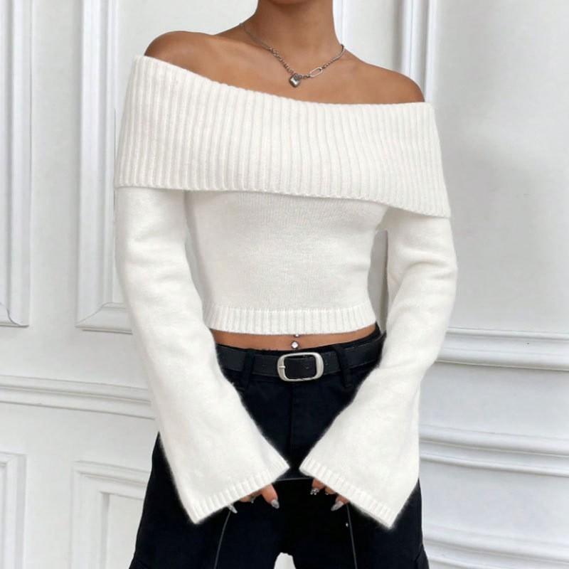 Womens Cropped Off-Shoulder Knit Sweater Slim Fit Long Sleeve Pullover In Acrylic - White Gray Brown