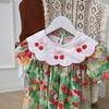 Girls Summer Sweet Cherry Embroidered Peter Pan Collar Short Sleeve Dress Princess Kids Clothing