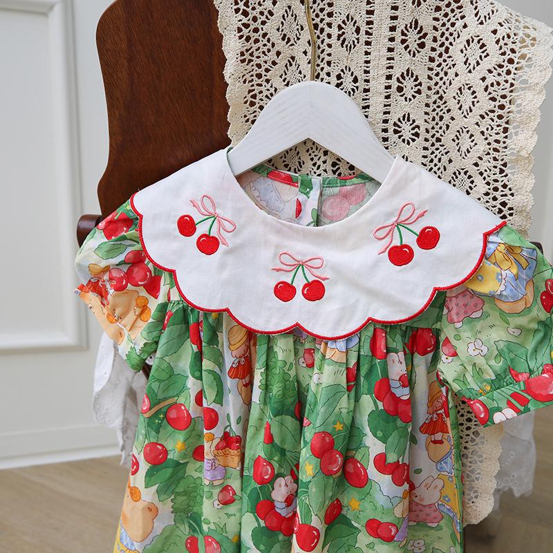 Girls Summer Sweet Cherry Embroidered Peter Pan Collar Short Sleeve Dress Princess Kids Clothing