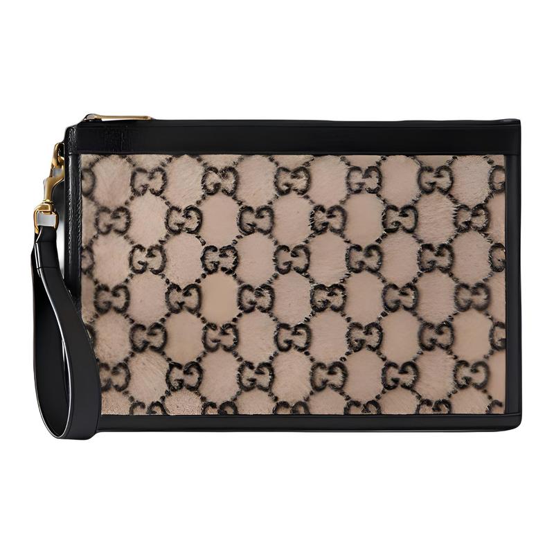 Gucci Distressed old flower logo wristband, wool splicing leather clutch bag, same style for men and women, couple style, beige/black