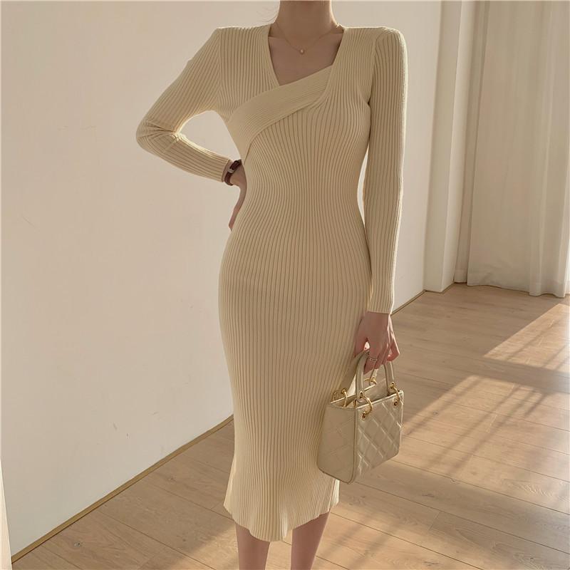 Fall Winter Cross Square Collar Sweater Dresses Women Long Sleeve Bodycon Slim Bottoming Office Party Knitted Dress