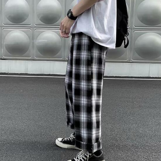 Мужские брюки в клетку Streetwear Широкие с эластичной талией Свободные Спортивные брюки для осени