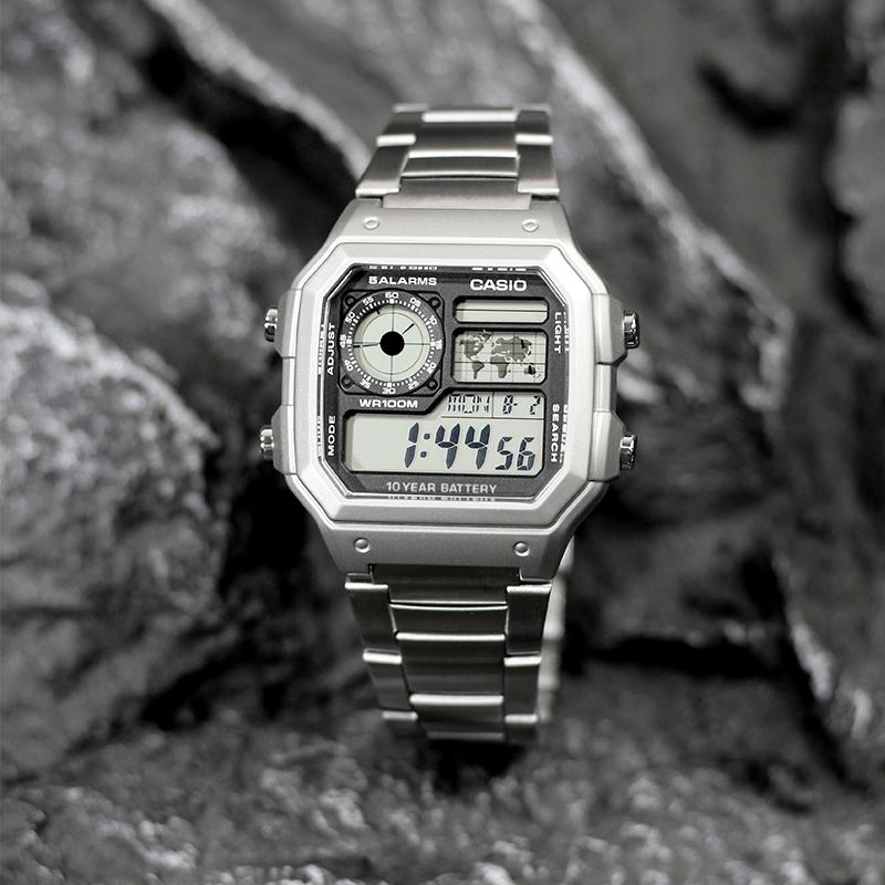Casio Специальная коллекция AE 1200WHD 1A Электронный механизм Металлический ремешок Часы Унисекс Черный циферблат AE-1200WHD-1A(Watch4--)