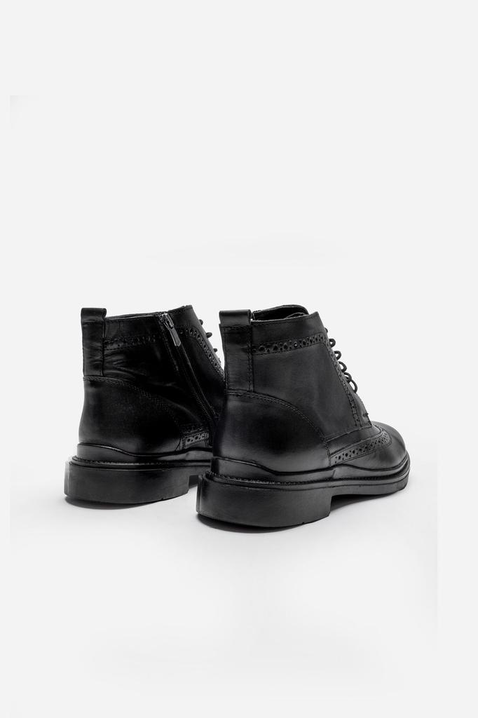 Men's Fashion Genuine Leather Thin Heeled Booties Black Lace-up Zippered Boots Shoes