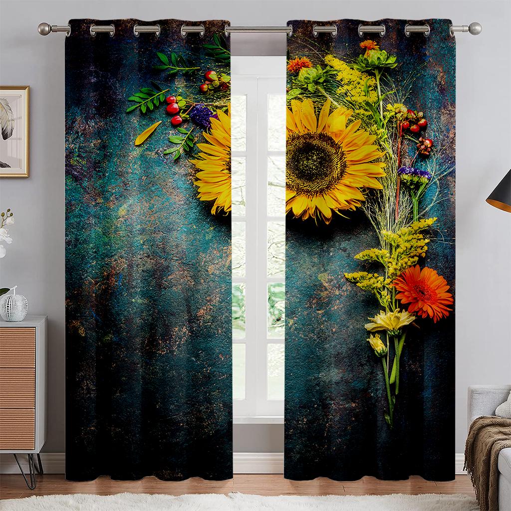 Красочные цветочные шторы, 3D-печать Sunflower Sunshine, детская комната, гостиная, украшение для кабинета, карман для штанги, 2 шт.