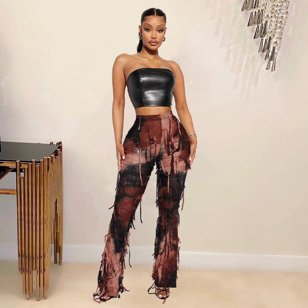 Новые женские джинсы с осенним окрашиванием тай-дай и бахромой, потертый дизайн, бохо, стритвир, повседневные джинсовые брюки с бахромой по низу, художественные мешковатые брюки