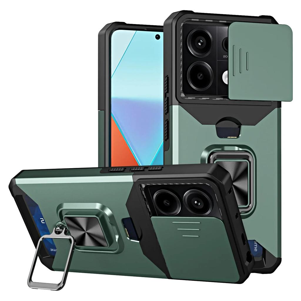 Чехол для Xiaomi Redmi Note 14 13 12 Pro Plus 13C 14C 4G 5G Сдвижная крышка камеры Держатель для карт Кошелек Защитный С кольцом Подставка Чехол