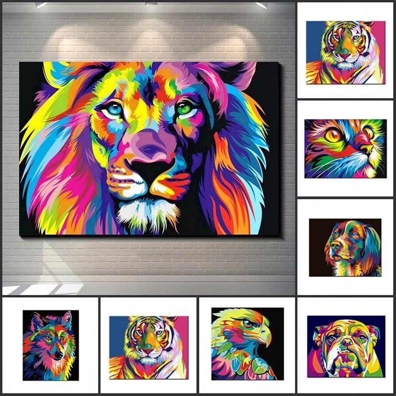 Solid Wood Frame Watercolor Lion Tiger Cat Canvas Painting Abstract Animals Pop Graffiti Posters and Prints Nordic Pictures for Living Room Decor