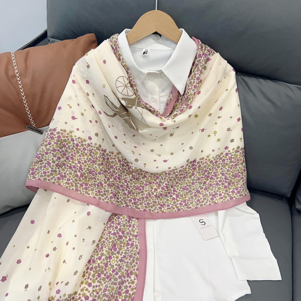 Elegant Small Flower Mist Blue Autumn Scarf Women's New Cotton and Linen Shawl Simple Temperament Yarn Scarf Warm Decorative Scarf