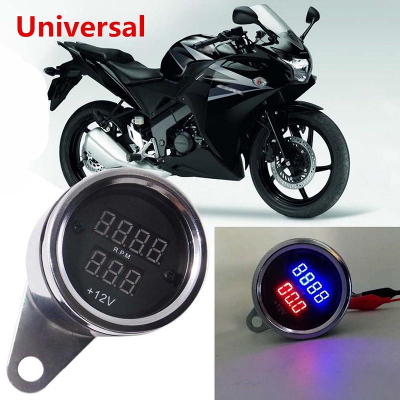 New Chrome Universal Motorcycle LED Digital PRM Tachometer Voltmeter Gauge Combo