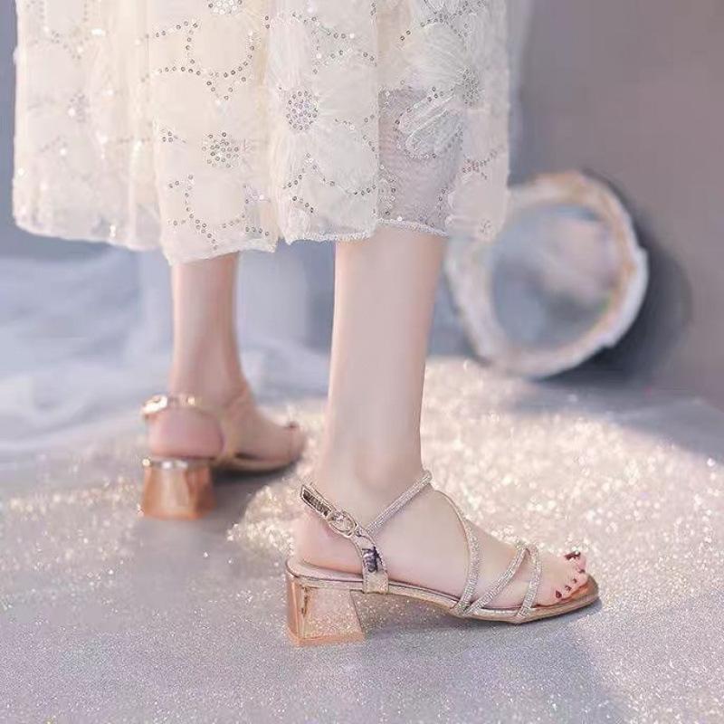 Special Small Fresh Thick Heel Sandals Fairy Style 2024 New Femininity Summer Middle Heel Rhinestone with Skirt