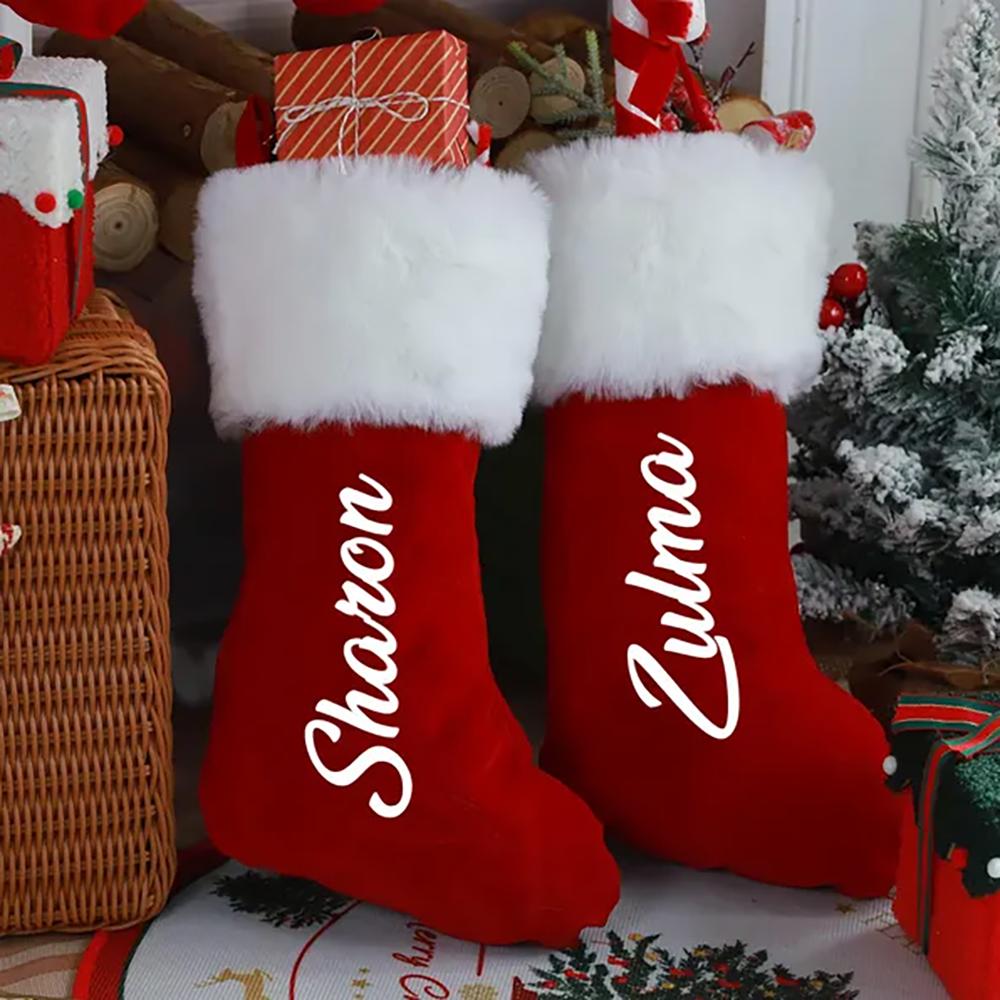Custom Red Plush Christmas Stocking Knitted Family Christmas Candy Bag Red Plush Xmas Stocking Holiday Decor Santa Sack Kid Gift