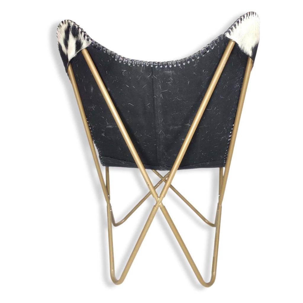 Черно-белые волосы на кожаном кресле-бабочке - удобное кресло-бабочка для гостиной с подлокотниками - с железной подставкой с золотистым порошковым покрытием
