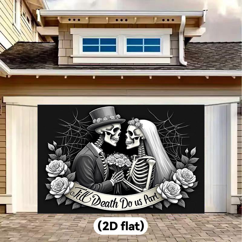 One Gothic wedding banner - Black and white skull bride and groom with rose and spider web patterns