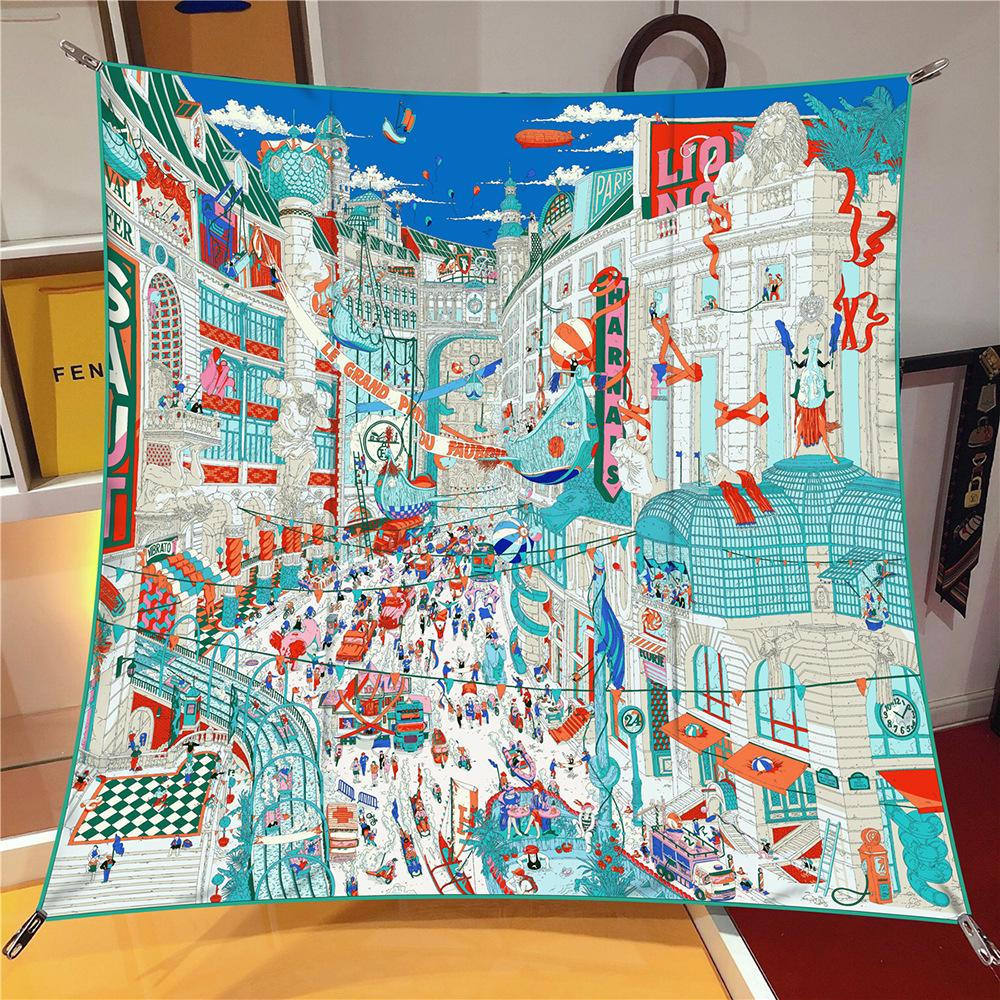 50pcs 90cm Fashion Twill Silk Scarf for Women City of Paris Print Wraps Headband Shawl Stoles Hijab Lady Square Foulard Bandana