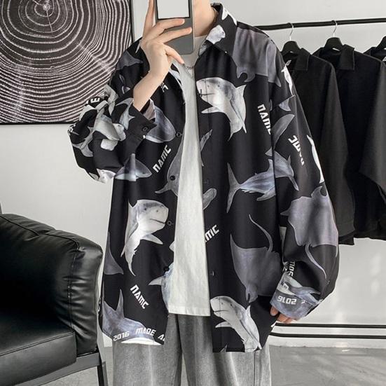 Весенне-летняя мужская рубашка с принтом акулы, однобортный отложной воротник с длинным рукавом, свободная уличная одежда средней длины, мужской топ для отпуска