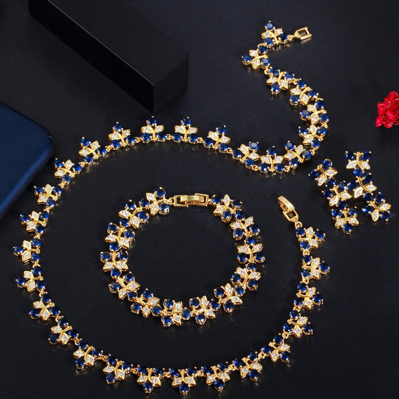 CMM Luxurious 3PCS Cubic Zirconia Dubai Gold Color Leaf Earrings Necklace Bracelet Sets