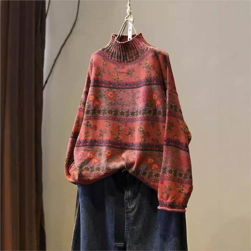 Korean Vintage Floral Print Mock Neck Casual Loose Sweater Woman Autumn Fashion Long Sleeves Sweater