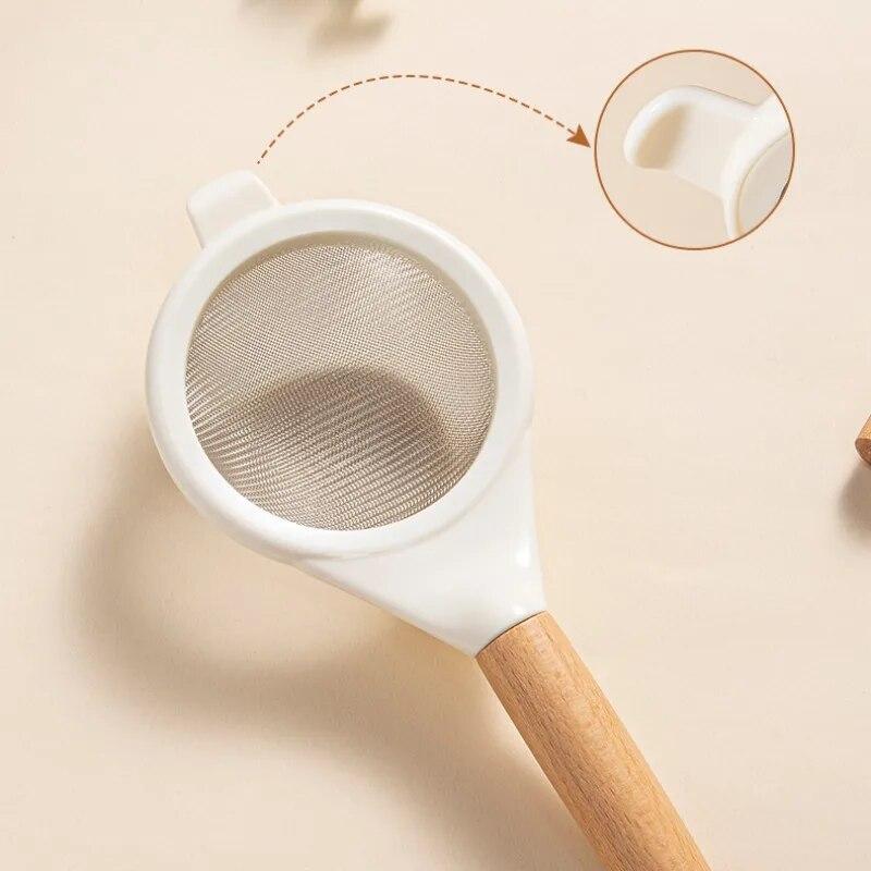 Stainless Steel Flour Sieve Sugar Powder Juice Soybean Milk Foam Filter Fine Screen Wooden Handle Household Kitchen Baking Tools