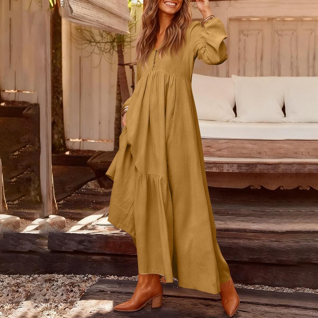 Women's Fashionable Solid Color V-neck Long Sleeved Loose Button Cotton Linen Retro Large Swing Long Casual Dress