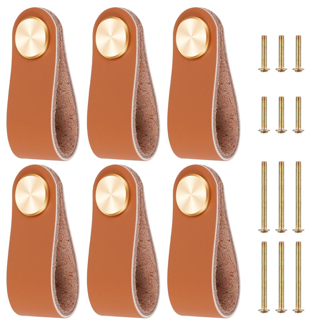 6Pcs Leather Drawer Pulls Cabinet Wardrobe Door Drawer Knob Nordic Style Thickened Cow Leather Pulls with Brass Buckles