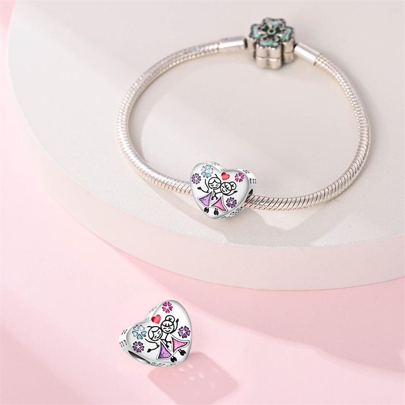 100% 925 Silver Sisters Best Friends Series Charms Pink Heart Rose Beads Fit Qikaola Bracelet DIY Birthday Jewelry Gift