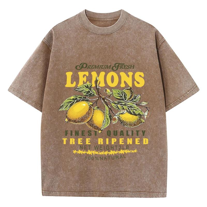 Cotton Women Acid Wash T-Shirts Premium Fresh Lemons Printing Tees Distressed Oversize O-Neck Short Sleeve Female Clothes