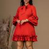 C8570 European & American Plus Size Women's 2024 Ruffle Tie Dress with Stacked Sleeves - Solid Color, Elegant Style.