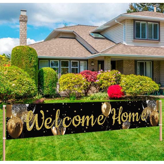 Large Welcome Home Banner, Black Gold Welcome Home Party Supplies Decoration, Family Gathering Party Supplies Decoration (9.8 X 1.6 feet)
