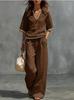 2026 Spring/Summer Linen V-Neck Casual Women's Suit Set with Solid Wide-Leg Pants – European and American Style Two-Piece
