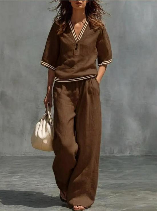 2026 Spring/Summer Linen V-Neck Casual Women's Suit Set with Solid Wide-Leg Pants – European and American Style Two-Piece