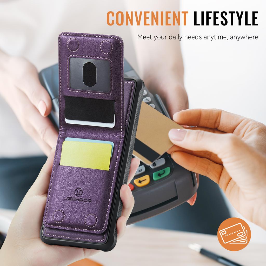 For Samsung Galaxy S26+ Leather Back Cover JEEHOOD J06 Magnetic Phone Case with Card Bag RFID Blocking